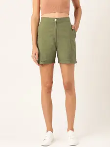 Rue Collection Women Olive Green Solid Regular Shorts