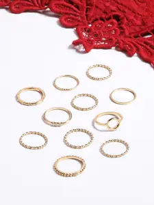 AMI Women Set Of 11 Gold-Plated White Stone-Studded Stackable Finger Rings