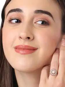 AMI Rose Gold-Plated White CZ-Studded & Pearl Beaded Adjustable Finger Ring