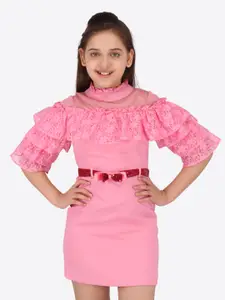 CUTECUMBER Girls Pink Ruffles Cold Shoulder Sheath Dress With Embellished Bow Belt