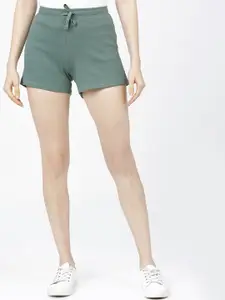 Tokyo Talkies Women Green Mid-Rise Regular Shorts