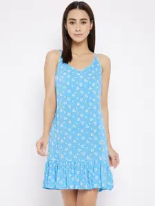 Hypernation Women Blue & White Floral Printed Rayon Flared Mini Night Dress