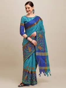 RAJGRANTH Blue & Orange Floral Kutchi Embroidery Silk Cotton Heavy Work Saree