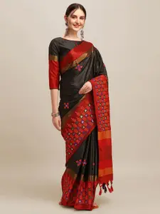 RAJGRANTH Black & Red Floral Sequinned Silk Cotton Heavy Work Saree