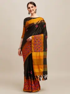 RAJGRANTH Black & Yellow Floral Sequinned Silk Cotton Heavy Work Saree