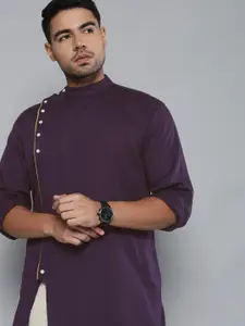 The Indian Garage Co Men Purple Solid Asymmetric Hem Kurta
