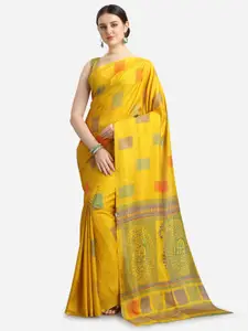 KALINI Yellow & Green Ethnic Motifs Fusion Saree