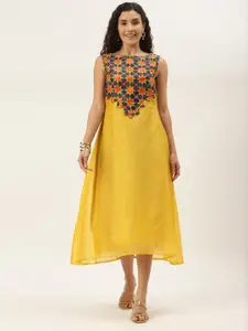 Ethnovog Yellow Floral Embroidered Ethnic A-Line Midi Dress