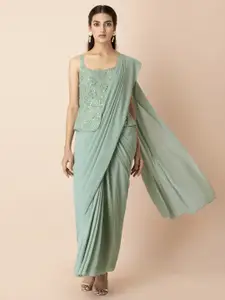 INDYA X Shraddha Kapoor Green Mirror Embroidered Peplum Saree With Attached Blouse
