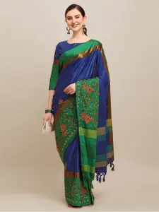 RAJGRANTH Blue & Green Floral Kutchi Embroidery Silk Cotton Heavy Work Saree