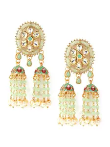 ODETTE Women Gold-Toned Green Beaded & Stone Studded Contemporary Jhumka Earrings