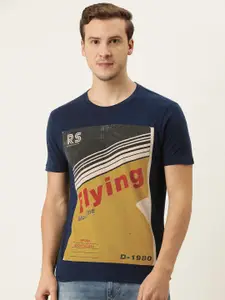 Flying Machine Men Navy Blue Brand Logo Printed Pure Cotton T-shirt