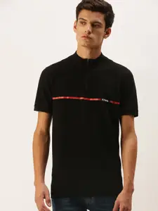 Flying Machine Men Black Brand Logo Printed High Neck Pure Cotton Casual T-shirt