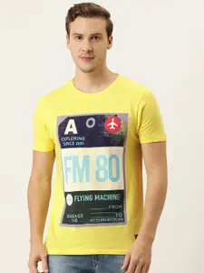 Flying Machine Men Yellow Typography Printed Pure Cotton T-shirt
