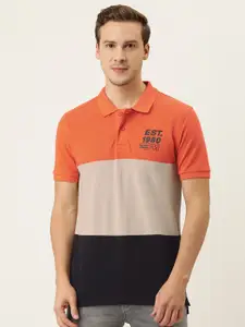Flying Machine Men Coral  Grey Colourblocked Polo Collar Pure Cotton T-shirt