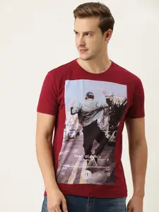 Flying Machine Men Maroon Printed Pure Cotton T-shirt