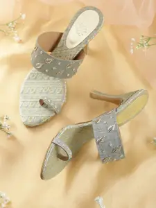 House of Pataudi House of Pataudi Powder Blue & Gold-Toned Embroidered Handcrafted One Toe Slim Heels