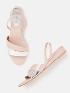 DressBerry Women Silver-Toned & Rose-Gold Toned Colourblocked Handcrafted Open Toe Flats