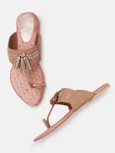 House of Pataudi Women Rose Gold-Toned & Pink Handcrafted Braided Tasselled One Toe Flats