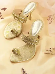 House of Pataudi Light Olive Green & Gold-Toned Embroidered Handcrafted One Toe Heels