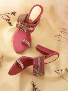 House of Pataudi Magenta & Gold-Toned Embroidered Handcrafted One Toe Block Heels