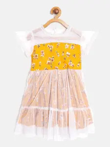 Bella Moda Girls Yellow & White Net Floral Printed Fit & Flare Dress