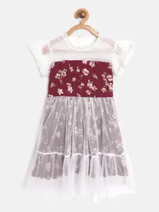 Bella Moda Girls Burgundy & White Net Floral Printed Fit & Flare Dress