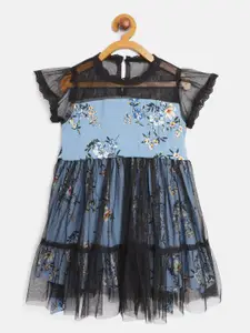 Bella Moda Girls Blue & Black Net Floral Printed Fit & Flare Dress