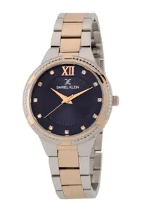 Daniel Klein Women Blue Embellished Dial & Rose Gold Toned Stainless Steel Bracelet Style Straps Analogue Watch