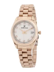 Daniel Klein Women White Embellished Dial & Rose Gold Toned Stainless Steel Bracelet Style Straps Analogue Watch