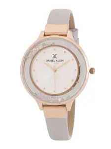 Daniel Klein Women Silver-Toned Embellished Dial & Silver Toned Leather Straps Analogue Watch