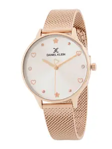 Daniel Klein Women Silver-Toned Embellished Dial & Rose Gold Toned Bracelet Style Straps Analogue Watch