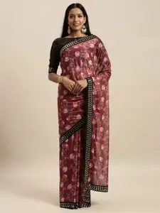 Amrutam Fab Maroon & Black Embellished Silk Blend Block Print Saree