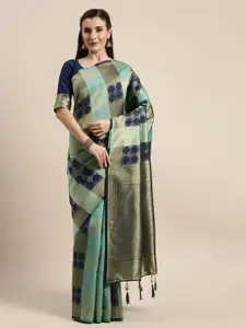 Amrutam Fab Blue & Gold-Toned Woven Design Zari Silk Blend Banarasi Saree