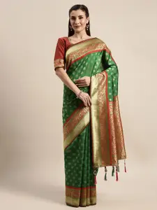 Amrutam Fab Green & Red Woven Design Zari Silk Blend Banarasi Saree