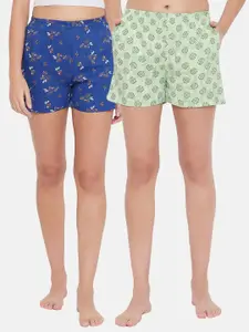 Clovia Women Blue & Green Printed Boxer Shorts Pack of 2