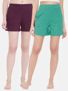Clovia Women Set of 2 Green & Burgundy Solid Lounge Shorts