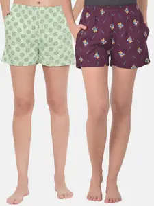 Clovia Set of 2 Women Green & Burgundy Printed Lounge Shorts