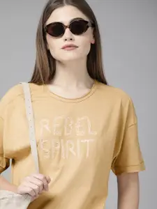 Roadster Women Beige Typography Printed T-shirt