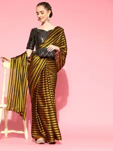Saree mall Yellow Striped Poly Georgette Party Wear Saree with Matching Blouse
