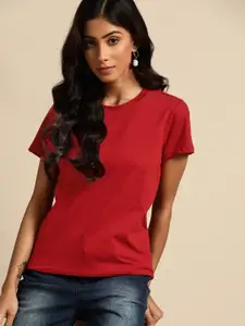 all about you Women Red Solid Round Neck T-shirt