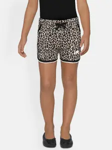 Rute Girls Beige & Black Leopard Print Slim Fit Cotton Regular Shorts