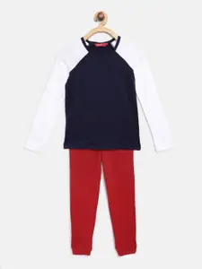 Rute Girls Navy Blue & Red Cotton T-shirt with Pyjamas