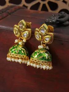 I Jewels Green & White Gold-Plated Pearl Beaded Enamelled Jhumka