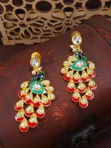 I Jewels Red & Navy Blue Gold-Plated Peacock Shaped Enamelled Drop Earrings