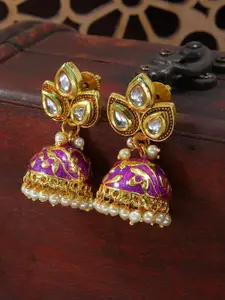 I Jewels Gold-Plated & Purple Pearl Studded Enamelled Dome Shaped Jhumkas Earrings