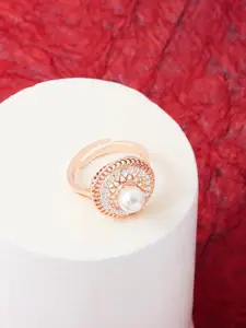 Zaveri Pearls Rose Gold-Plated White CZ & Pearl Studded Adjustable Contemporary Finger Ring