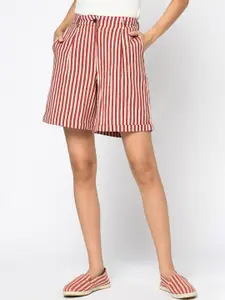 Fabindia Women Red Striped Mid-Rise Regular Shorts
