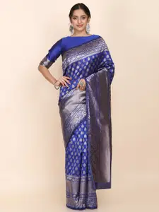 Shaily Blue & Silver-Coloured Ethnic Motifs Zari Woven Design Silk Blend Saree