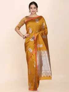 Shaily Mustard & Silver-Toned Woven Design Silk Blend Saree